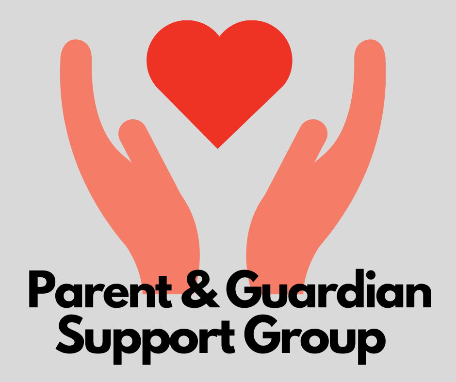 a pair of hands surround a read heart and the text reads parent support group